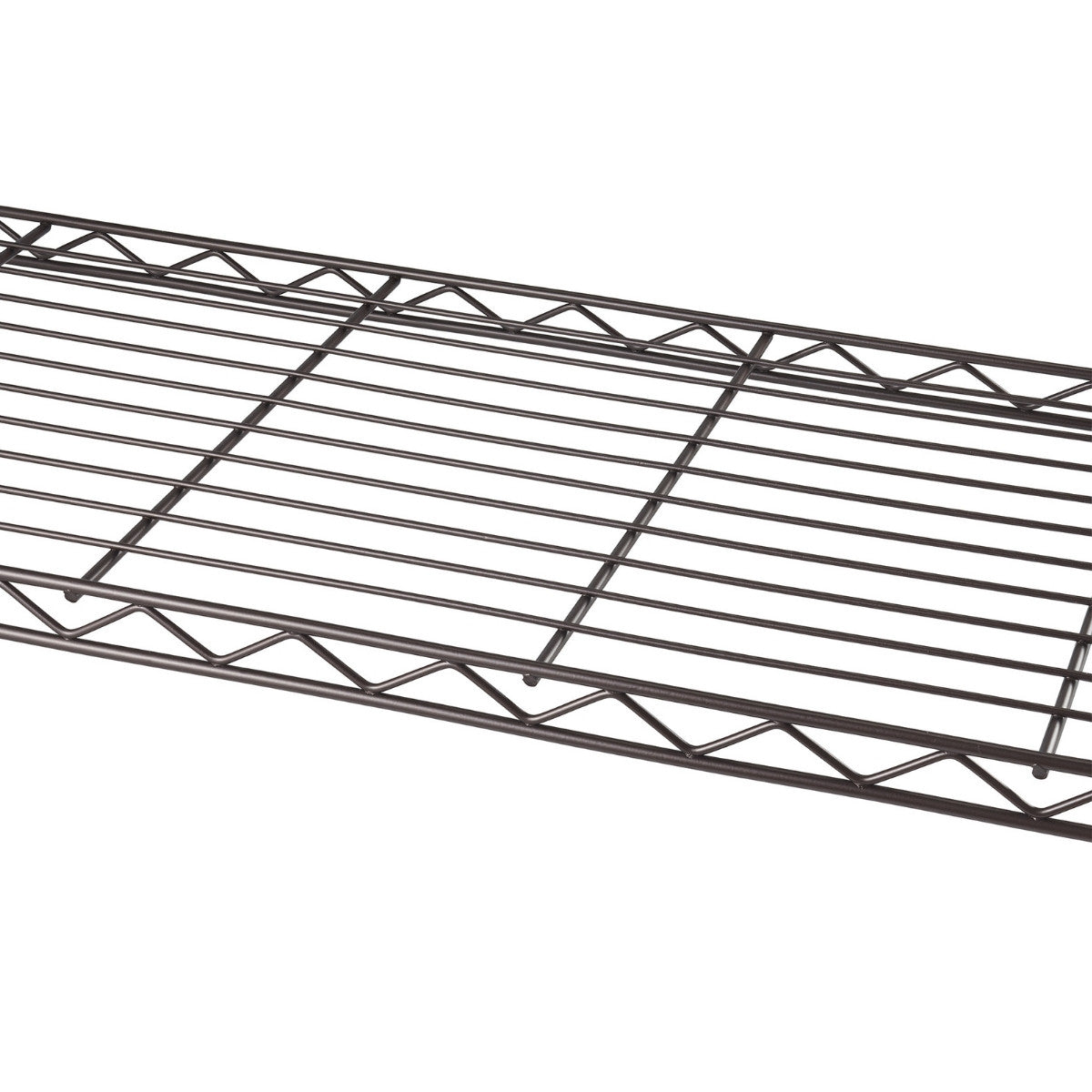 A close-up shot shows a dark bronze wire shelf, likely part of a shelving unit. The shelf has multiple horizontal wires and a decorative triangular pattern along its front edge, suggesting it's designed for stability and possibly aesthetics.