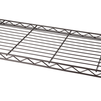 A close-up shot shows a dark bronze wire shelf, likely part of a shelving unit. The shelf has multiple horizontal wires and a decorative triangular pattern along its front edge, suggesting it's designed for stability and possibly aesthetics.