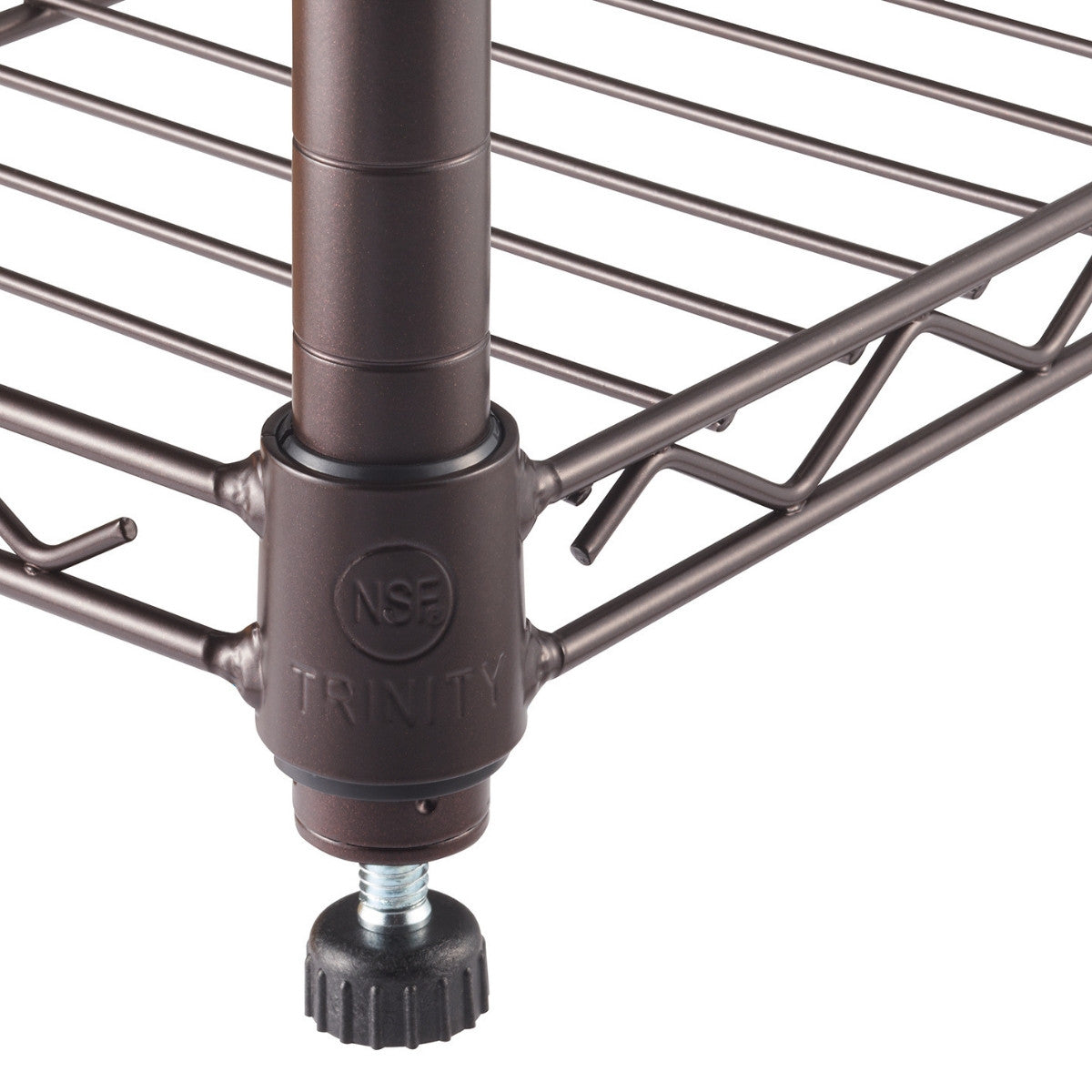 A close-up shot of the bottom corner of a bronze wire shelving unit, showcasing the brown wire shelf, the support pole, and an adjustable leveling foot. The "NSF TRINITY" logo is visible on the plastic connector that joins the shelf to the pole.