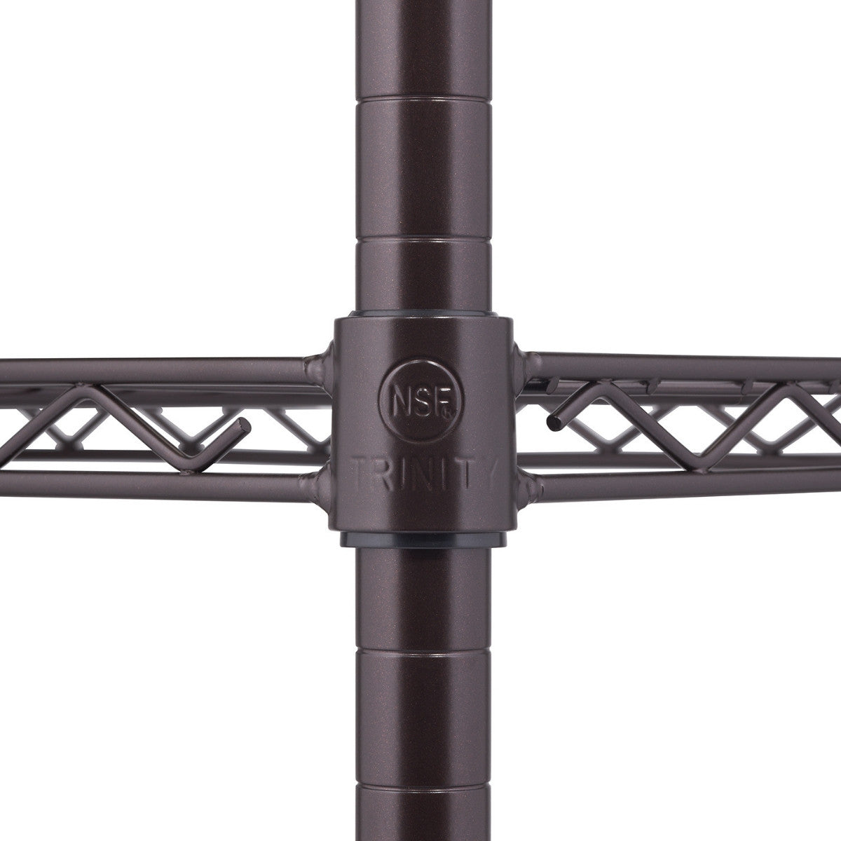 A close-up shot of the Trinity 4-Tier Wire Shelving shows the intersection of the shelves and the pole, displaying the "NSF" and "TRINITY" logos on the connecting sleeve. The shelving has a dark bronze metallic finish.
