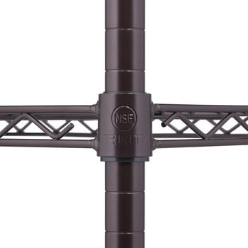A close-up shot of the Trinity 4-Tier Wire Shelving shows the intersection of the shelves and the pole, displaying the 
