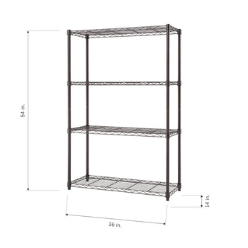 A four-tiered, dark metal wire shelving unit is shown with its dimensions. The unit is 54 inches tall, 36 inches wide, and 14 inches deep.