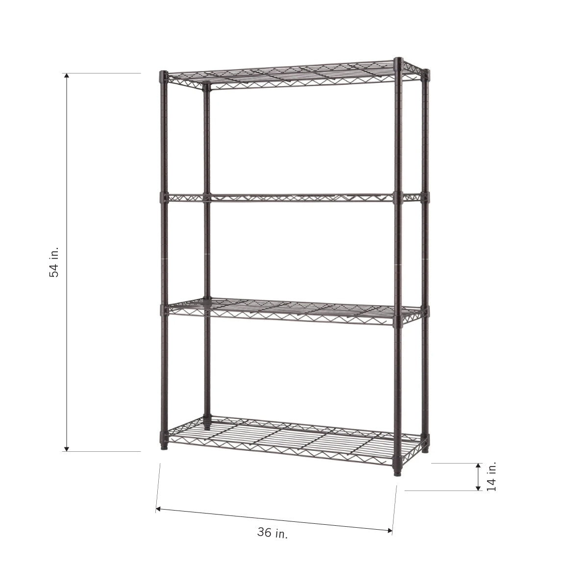 A four-tiered, dark metal wire shelving unit is shown with its dimensions. The unit is 54 inches tall, 36 inches wide, and 14 inches deep.