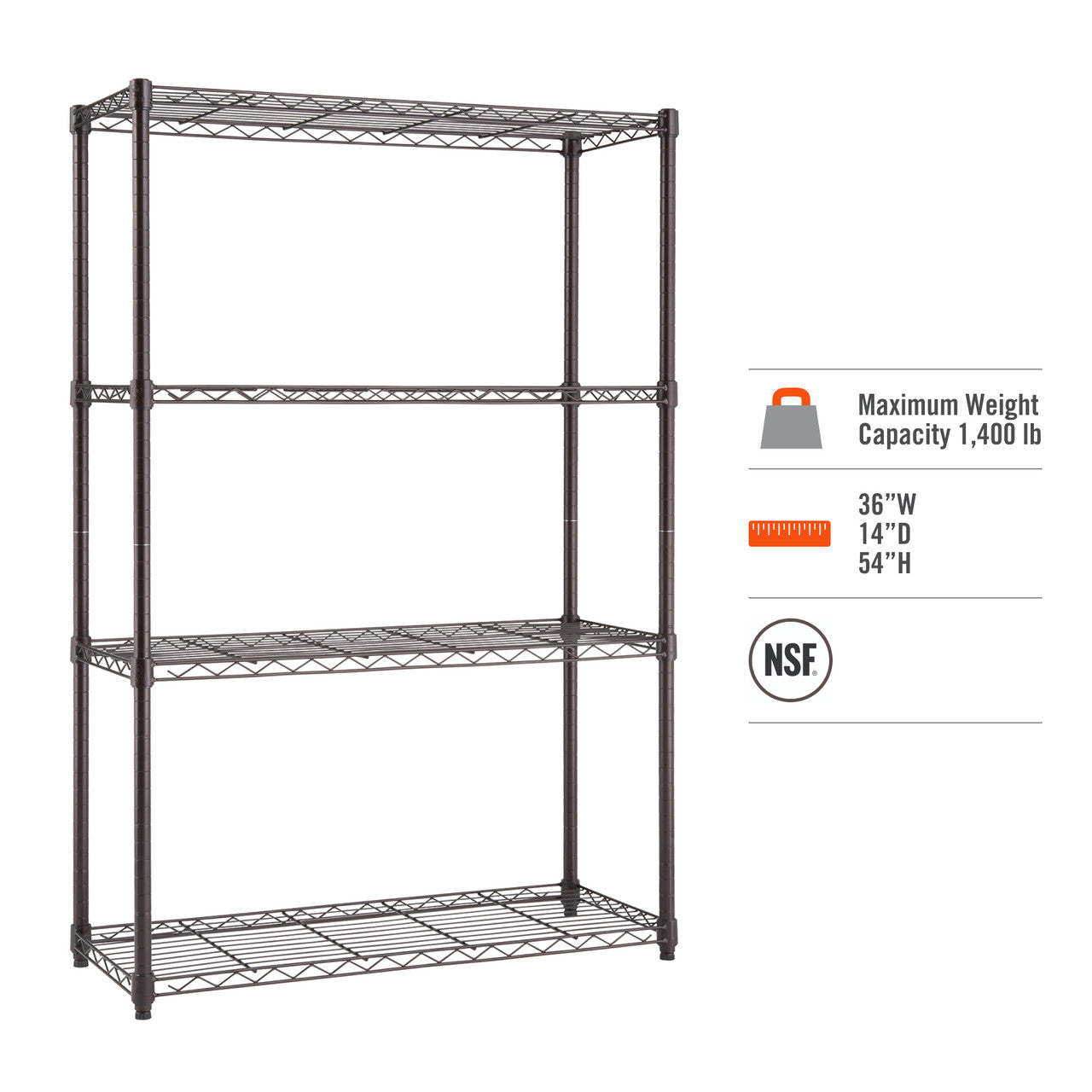 A bronze Trinity 4-Tier Wire Shelving Unit is shown, featuring four wire shelves supported by four vertical poles with adjustable clips. To its right, text specifies a maximum weight capacity of 1,400 lb, dimensions of 36"W x 14"D x 54"H, and an NSF certification.
