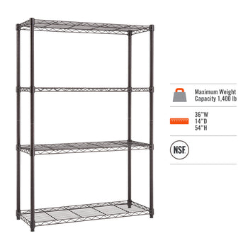 A bronze Trinity 4-Tier Wire Shelving Unit is shown, featuring four wire shelves supported by four vertical poles with adjustable clips. To its right, text specifies a maximum weight capacity of 1,400 lb, dimensions of 36
