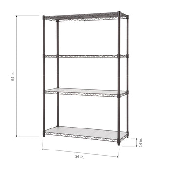 A four-tiered, dark brown wire shelving unit is shown with its dimensions. The unit is 54 inches tall, 36 inches wide, and 14 inches deep.