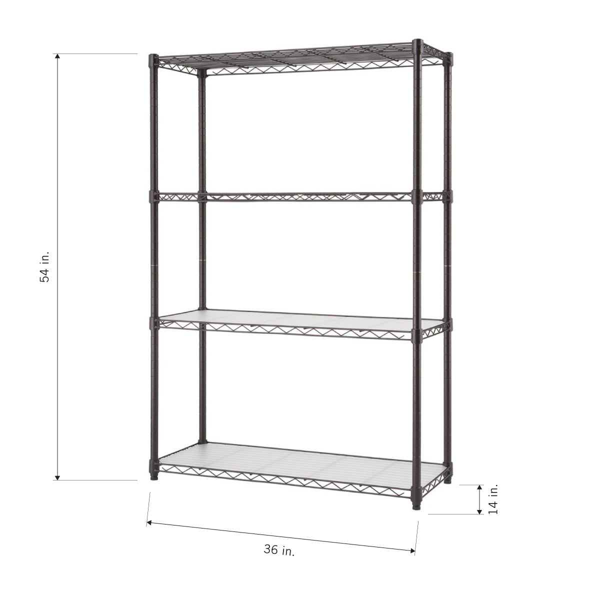 A four-tiered, dark brown wire shelving unit is shown with its dimensions. The unit is 54 inches tall, 36 inches wide, and 14 inches deep.