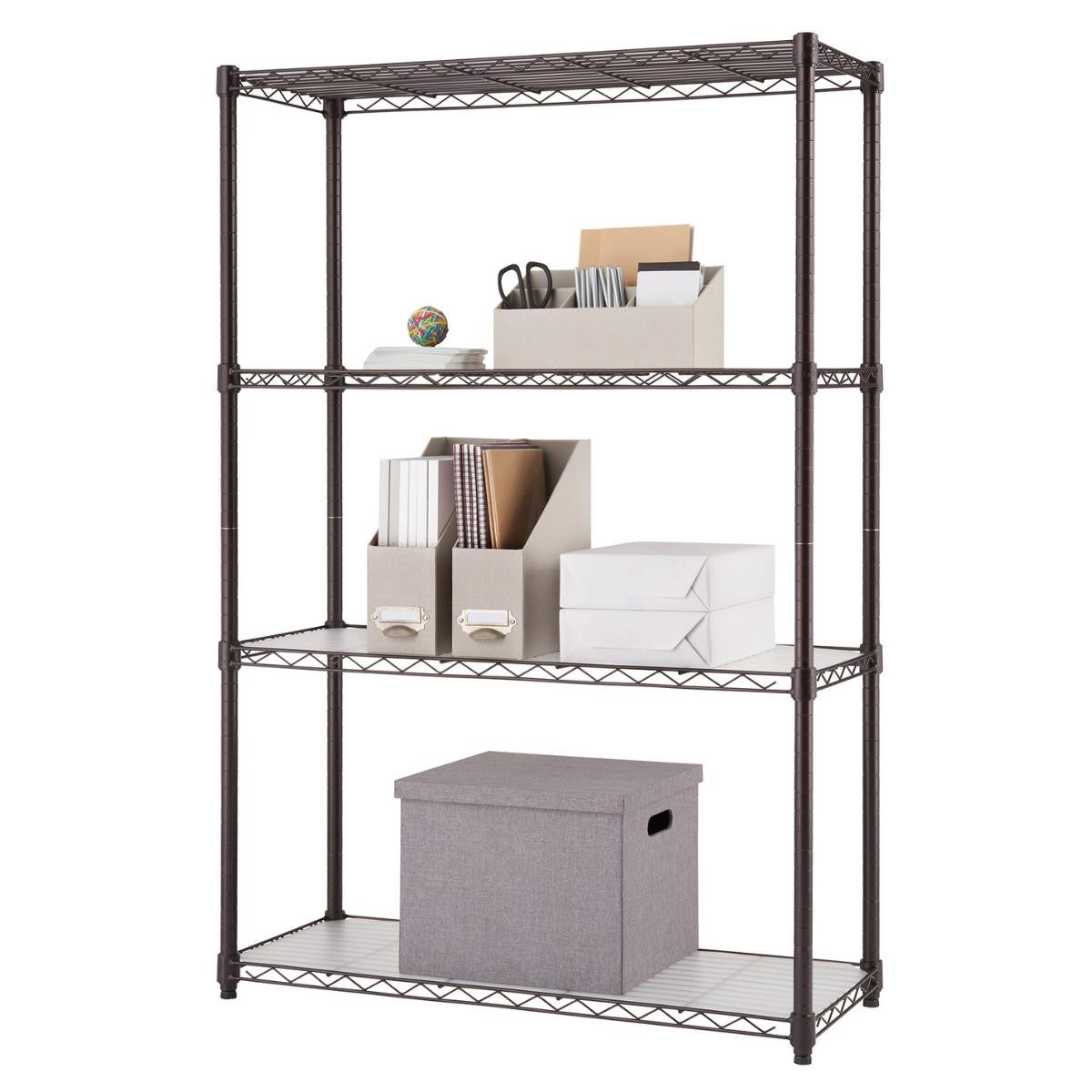 A four-tier dark bronze wire shelving unit stands against a white background. Each shelf holds various office supplies and storage boxes.