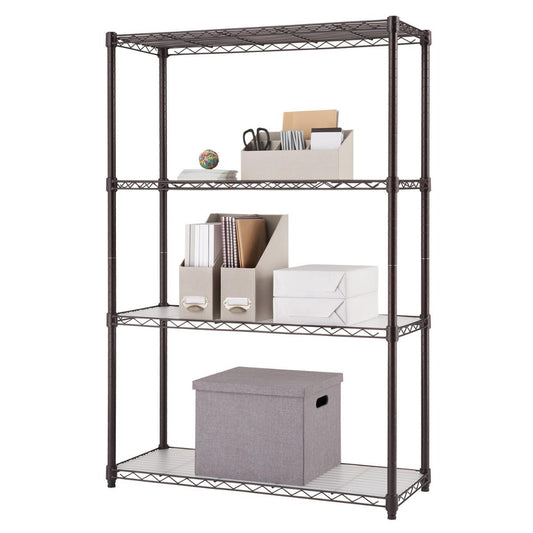 A four-tier dark bronze wire shelving unit stands against a white background. Each shelf holds various office supplies and storage boxes.