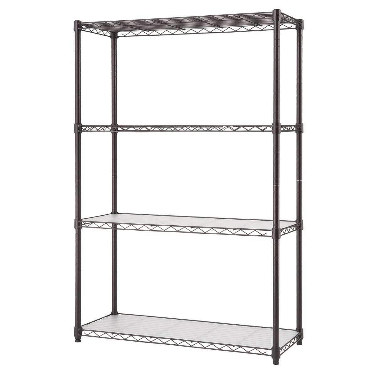 A four-tier wire shelving unit with dark bronze posts and shelves stands against a white background. Two of the shelves have a white liner on top of the wire grid.