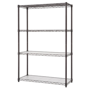 A four-tier wire shelving unit with dark bronze posts and shelves stands against a white background. Two of the shelves have a white liner on top of the wire grid.