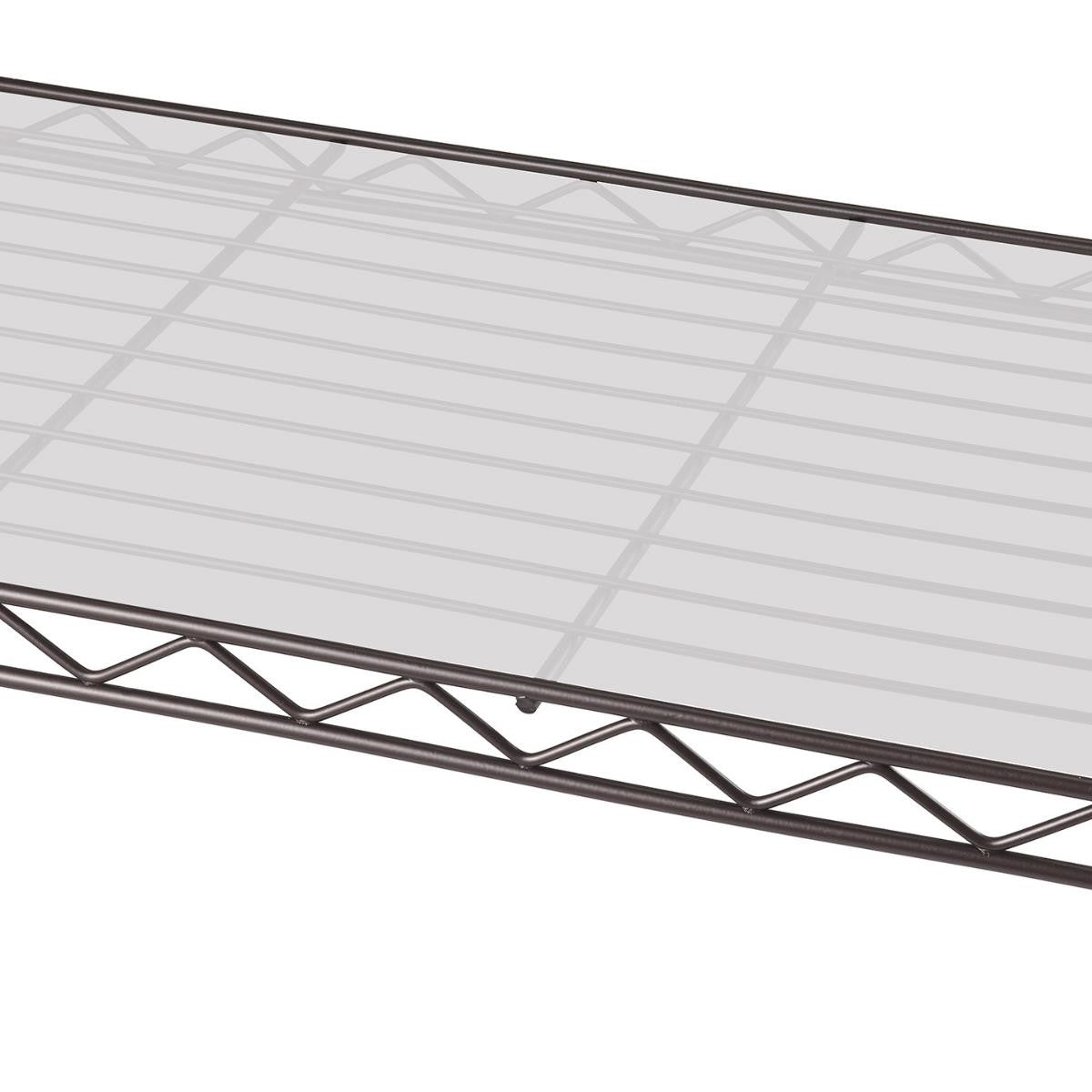 A close-up shows a section of a dark bronze wire shelving unit with a translucent white liner resting on one of the shelves. The grid pattern of the wire shelf is visible beneath the liner.