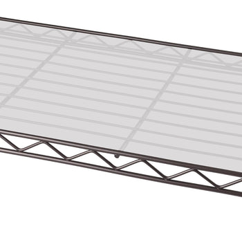 A close-up shows a section of a dark bronze wire shelving unit with a translucent white liner resting on one of the shelves. The grid pattern of the wire shelf is visible beneath the liner.