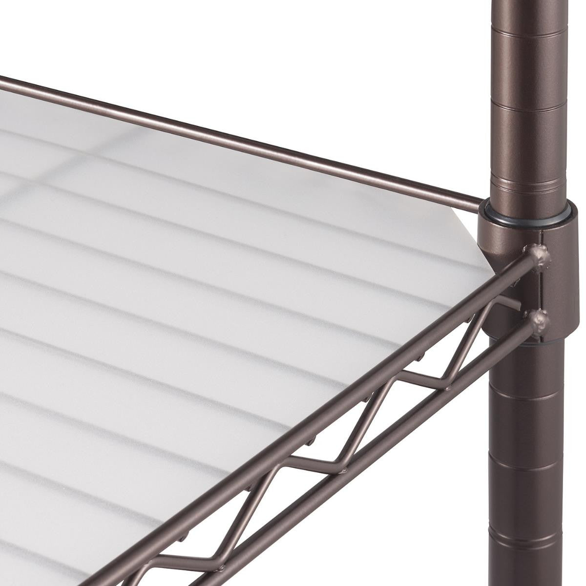 A close-up shows a section of a bronze-colored wire shelving unit. A white, ridged shelf liner rests on the wire shelf.