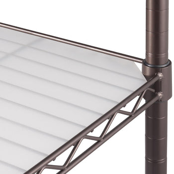 A close-up shows a section of a bronze-colored wire shelving unit. A white, ridged shelf liner rests on the wire shelf.