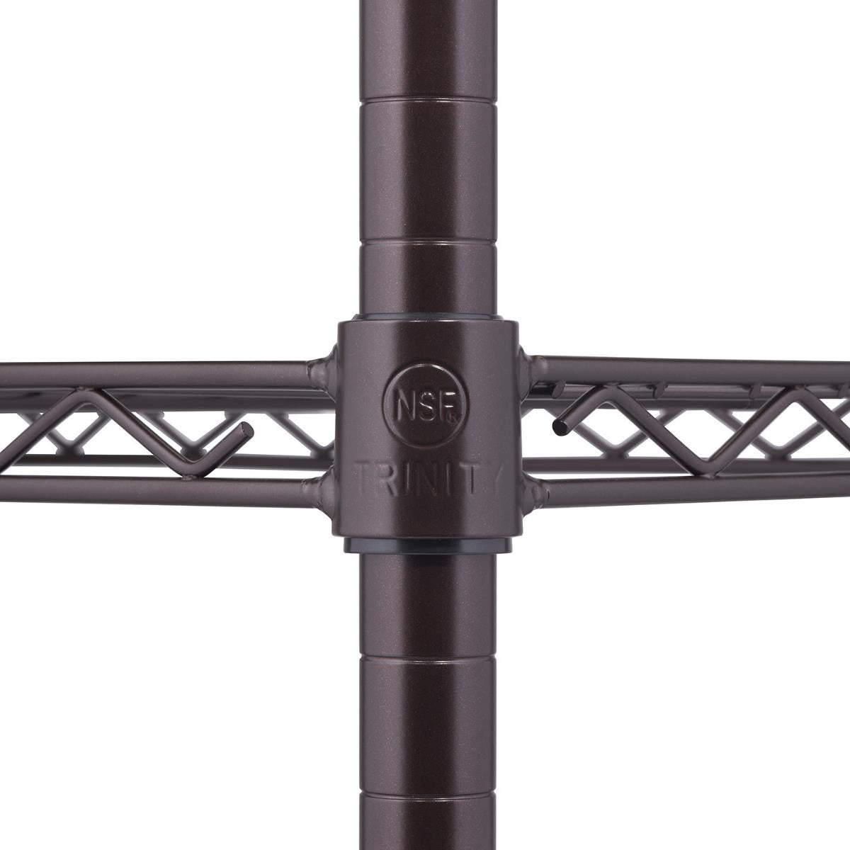 Close-up view of a bronze, four-tier wire shelving unit. The central focus is on a connector piece around one of the vertical poles, displaying the "TRINITY" brand name and an "NSF" certification mark.