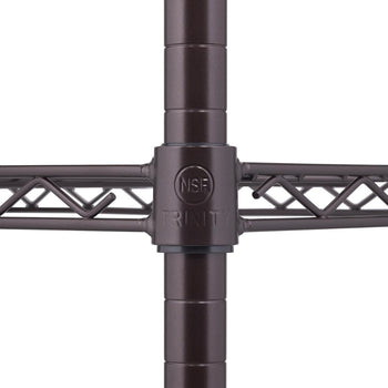 Close-up view of a bronze, four-tier wire shelving unit. The central focus is on a connector piece around one of the vertical poles, displaying the 