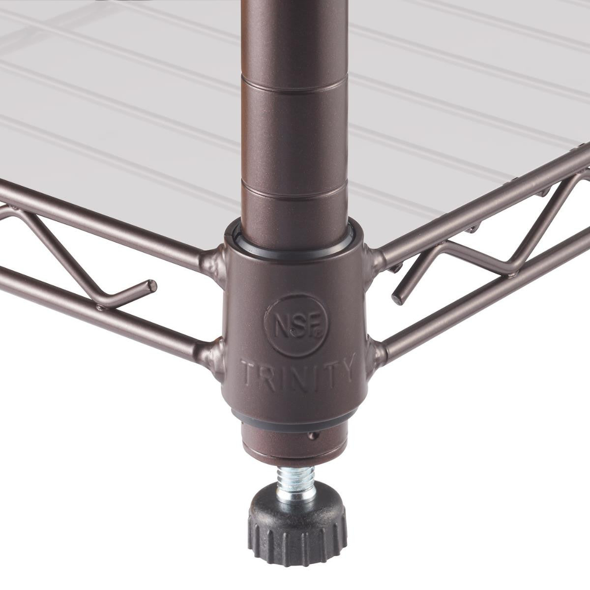 A close-up of a Trinity 4-Tier Wire Shelving unit, focusing on the base and lower section. The shelving unit is bronze and features adjustable leveling feet.