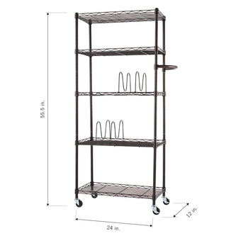 A dark brown wire shelving unit with five shelves and wheels is shown, with two metal organizers on the middle shelves. The dimensions are marked as 55.5 inches in height, 24 inches in width, and 12 inches in depth.