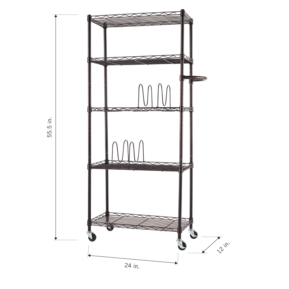 A dark brown wire shelving unit with five shelves and wheels is shown, with two metal organizers on the middle shelves. The dimensions are marked as 55.5 inches in height, 24 inches in width, and 12 inches in depth.