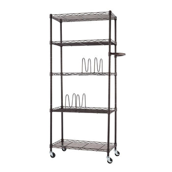 A tall, five-tiered pantry rack stands on a white background. The dark brown wire shelving unit has four adjustable shelves, a fixed top shelf, a side handle, and sits on four black caster wheels.