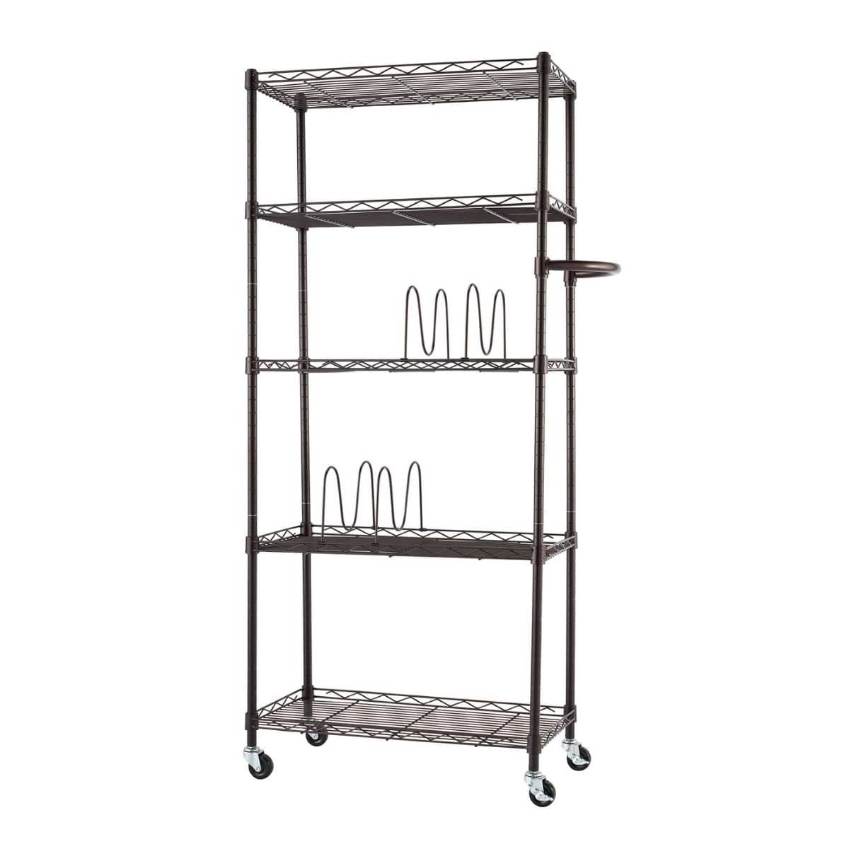 A tall, five-tiered pantry rack stands on a white background. The dark brown wire shelving unit has four adjustable shelves, a fixed top shelf, a side handle, and sits on four black caster wheels.