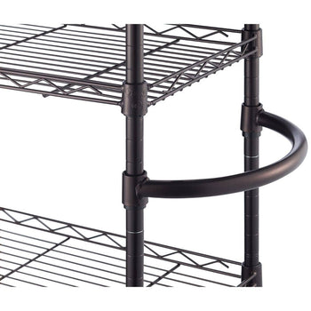 Close-up image of a metal wire shelving unit with a circular handle or guard rail attached to one of the middle shelves. The unit features adjustable shelves supported by vertical poles with grooved markings for positioning.