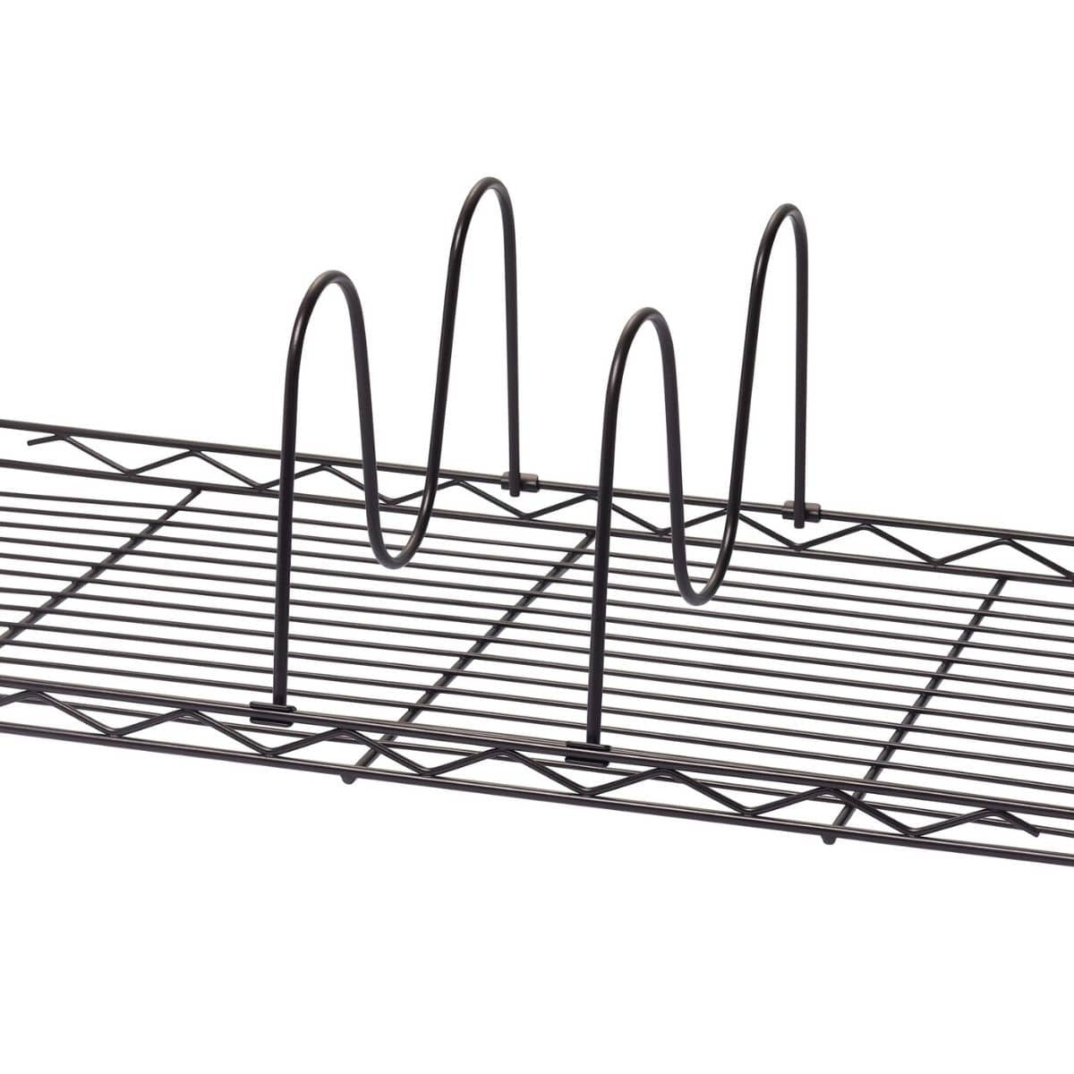 Metal wire shelf with black vertical dividers forming a wavy pattern, used for organizing items like pans or cutting boards. The dividers are attached to the shelf base and evenly spaced to keep items upright and separated.