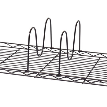 Metal wire shelf with black vertical dividers forming a wavy pattern, used for organizing items like pans or cutting boards. The dividers are attached to the shelf base and evenly spaced to keep items upright and separated.