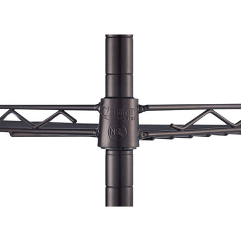 Close-up view of a dark brown metal pole with horizontal wire shelving extending to the left and right. The pole has visible grooves and a fitting connecting it to the shelf, with a 