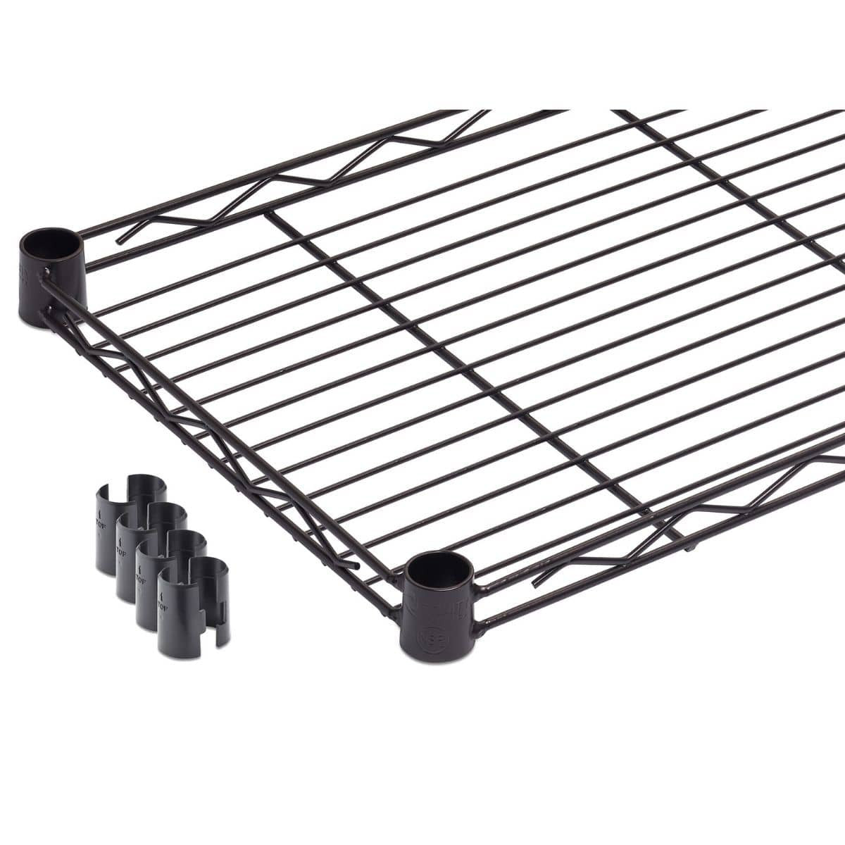 A close-up shows a section of a dark bronze, wire pantry rack with two vertical support poles and a single shelf. Four black, split, collar-like pieces that are used to secure the shelves to the poles are arranged on the white surface next to the rack.