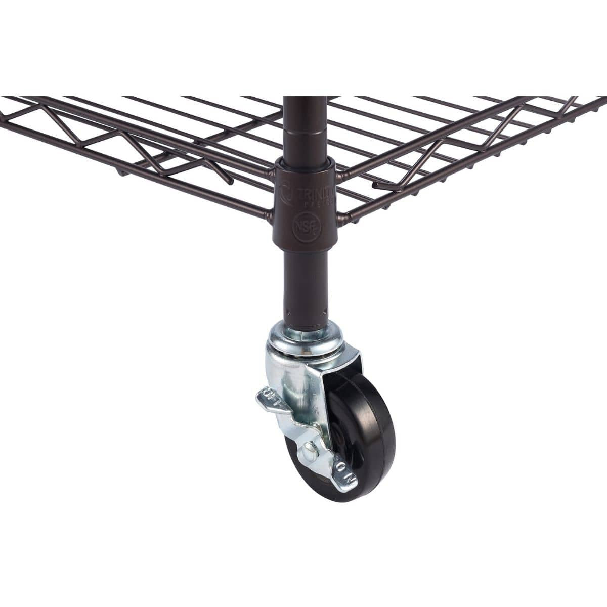 A close-up of a dark bronze Trinity 5-Tier pantry rack with wheels. The focus is on the bottom corner, highlighting the wheel and the wire shelving.