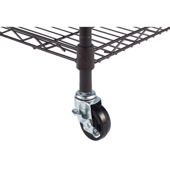 A close-up of a dark bronze Trinity 5-Tier pantry rack with wheels. The focus is on the bottom corner, highlighting the wheel and the wire shelving.