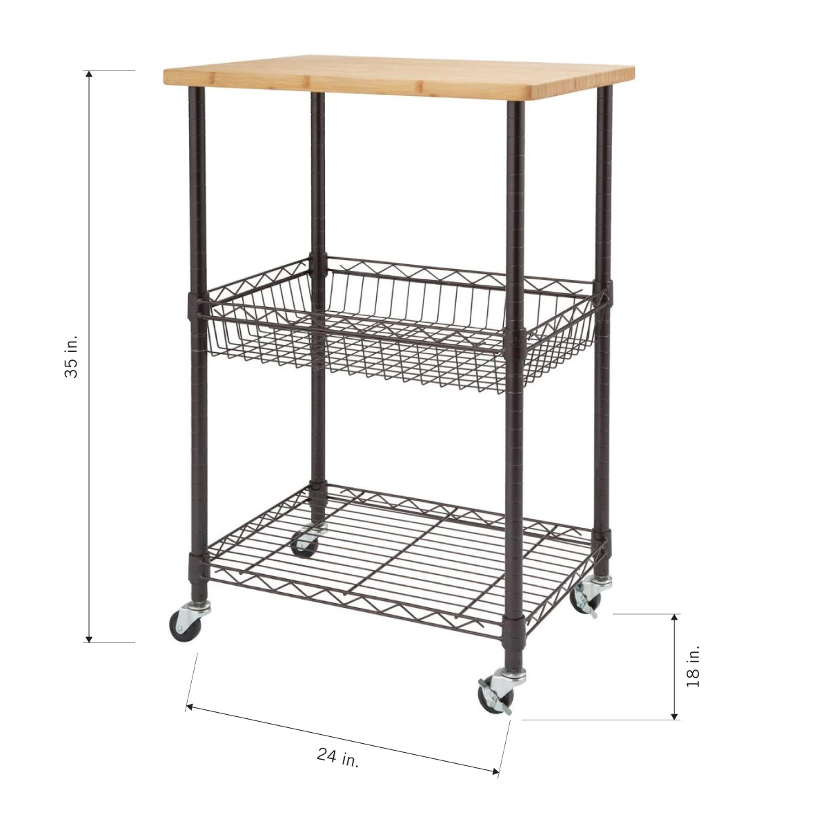 A kitchen cart on wheels featuring a light wood butcher block top, a black metal wire basket, and a black metal wire shelf. The dimensions are noted: 35 inches high, 24 inches wide, and the top shelf is 18 inches off the ground.