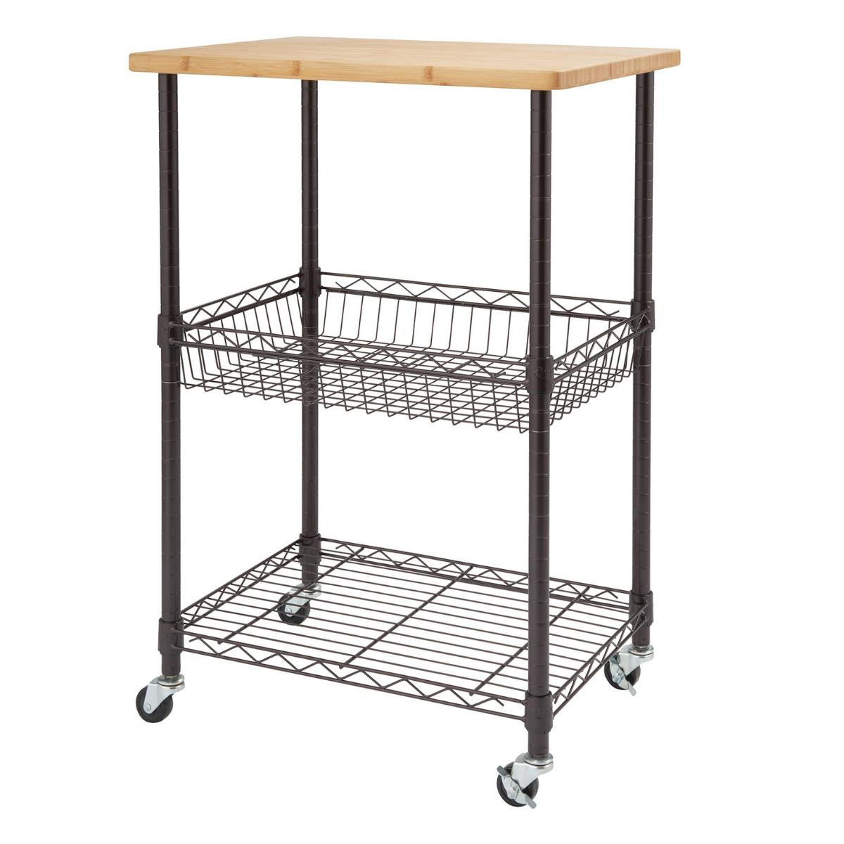 A dark bronze wire kitchen cart with a light-colored wooden top is shown against a white background. The cart has two wire shelves below the top and is on wheels.