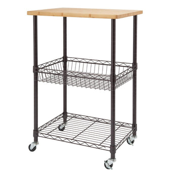 A dark bronze wire kitchen cart with a light-colored wooden top is shown against a white background. The cart has two wire shelves below the top and is on wheels.