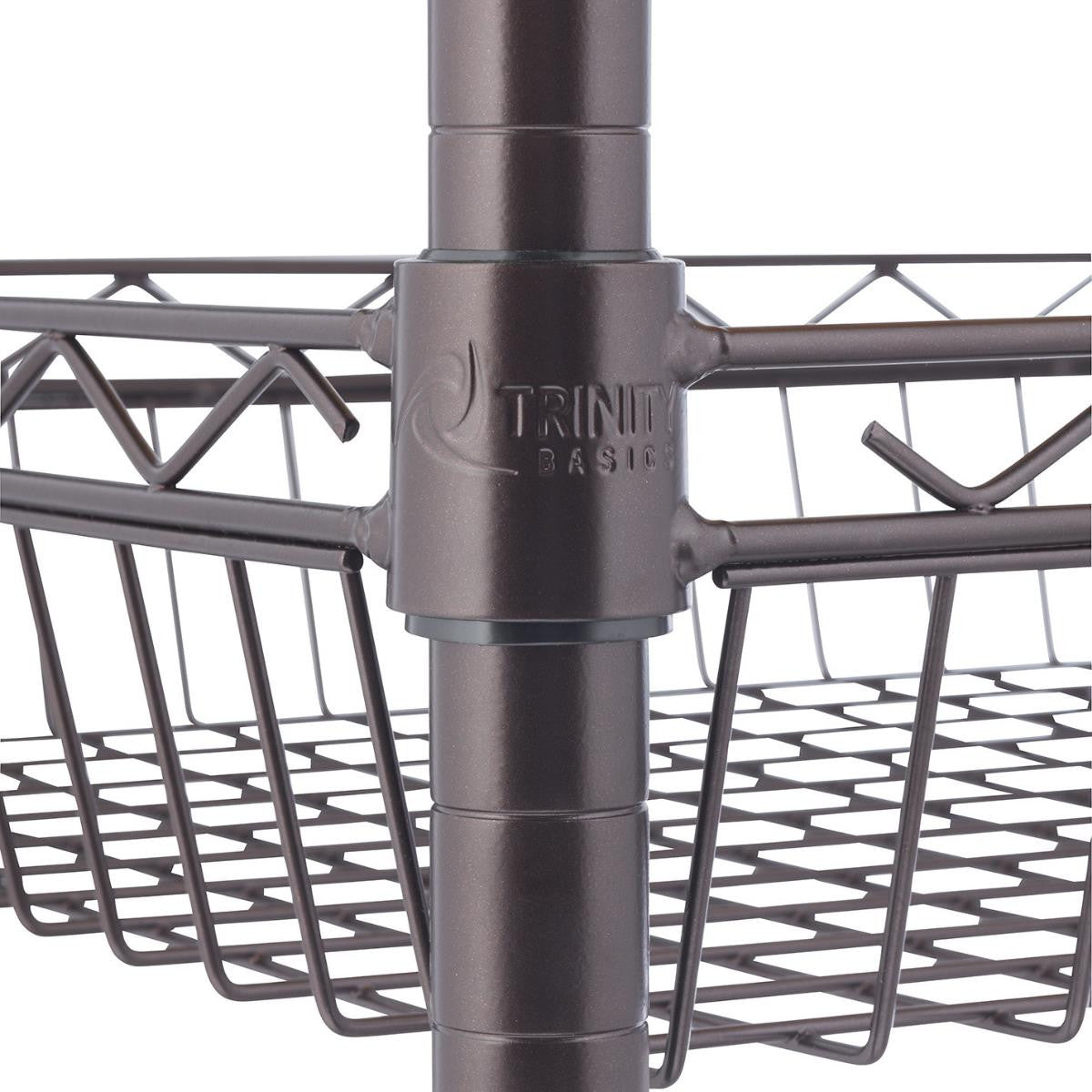 A close-up shows the dark brown metal frame and wire baskets of a Trinity Basics storage cart. The "TRINITY BASICS" logo is visible on one of the vertical support poles.
