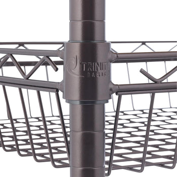A close-up shows the dark brown metal frame and wire baskets of a Trinity Basics storage cart. The 