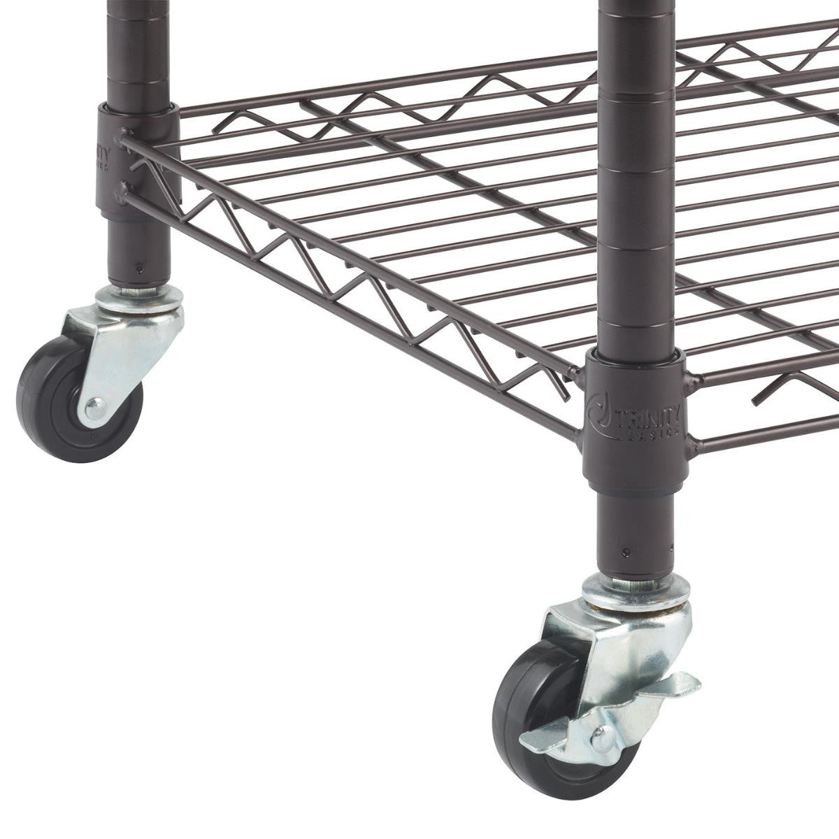 A close-up shows the bottom portion of a dark brown wire shelving unit. Two black casters with silver hardware are visible, attached to the unit's vertical poles.