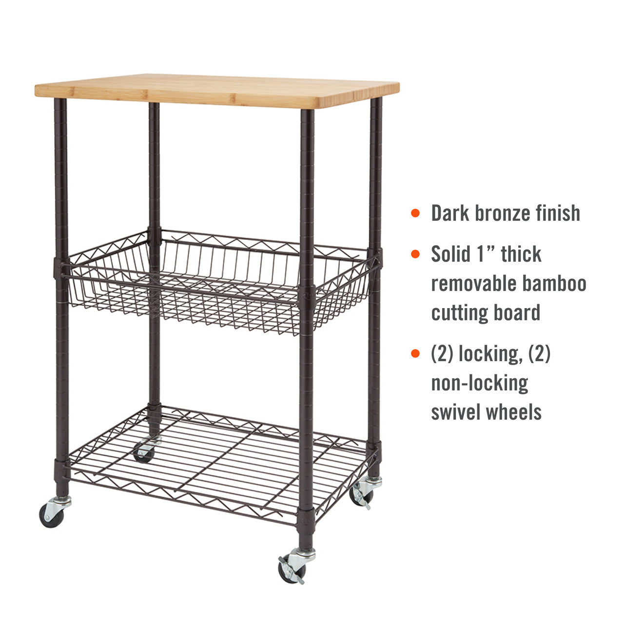 A dark bronze kitchen shelf cart with a solid 1-inch thick removable bamboo cutting board on top is shown against a white background. It has a wire basket in the middle and a wire shelf at the bottom, and it rests on four swivel wheels, two of which are locking.