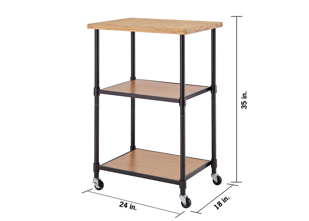 A three-tier rolling storage cart with a wooden top and two wooden shelves, supported by black metal poles. The cart measures 35 inches in height, 24 inches in width, and 18 inches in depth, with four caster wheels for mobility.