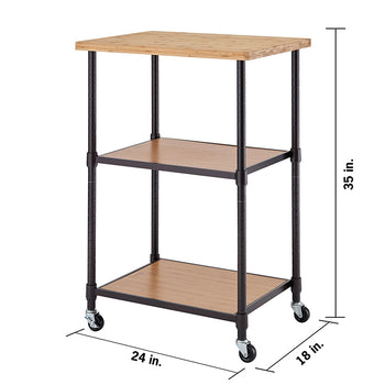 A three-tier rolling storage cart with a wooden top and two wooden shelves, supported by black metal poles. The cart measures 35 inches in height, 24 inches in width, and 18 inches in depth, with four caster wheels for mobility.