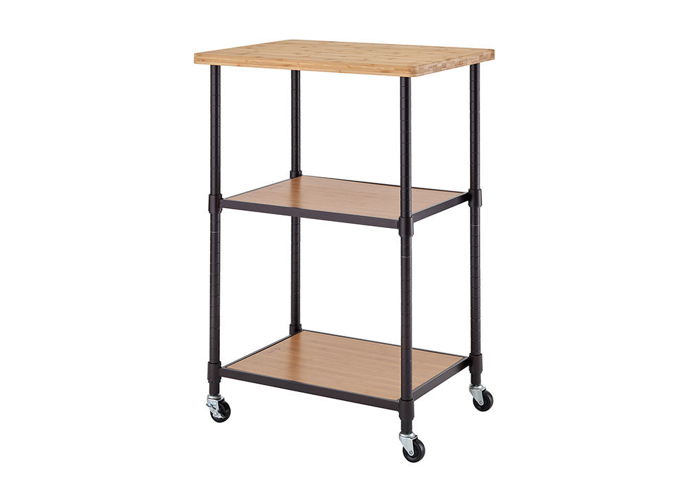 A three-tier rolling cart with a wooden top and two wooden shelves supported by a black metal frame. The cart has four caster wheels for easy mobility and adjustable shelf heights.