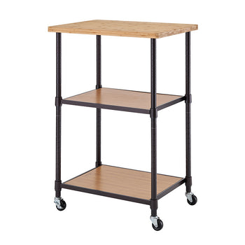 A three-tier rolling cart with a wooden top and two wooden shelves supported by a black metal frame. The cart has four caster wheels for easy mobility and adjustable shelf heights.