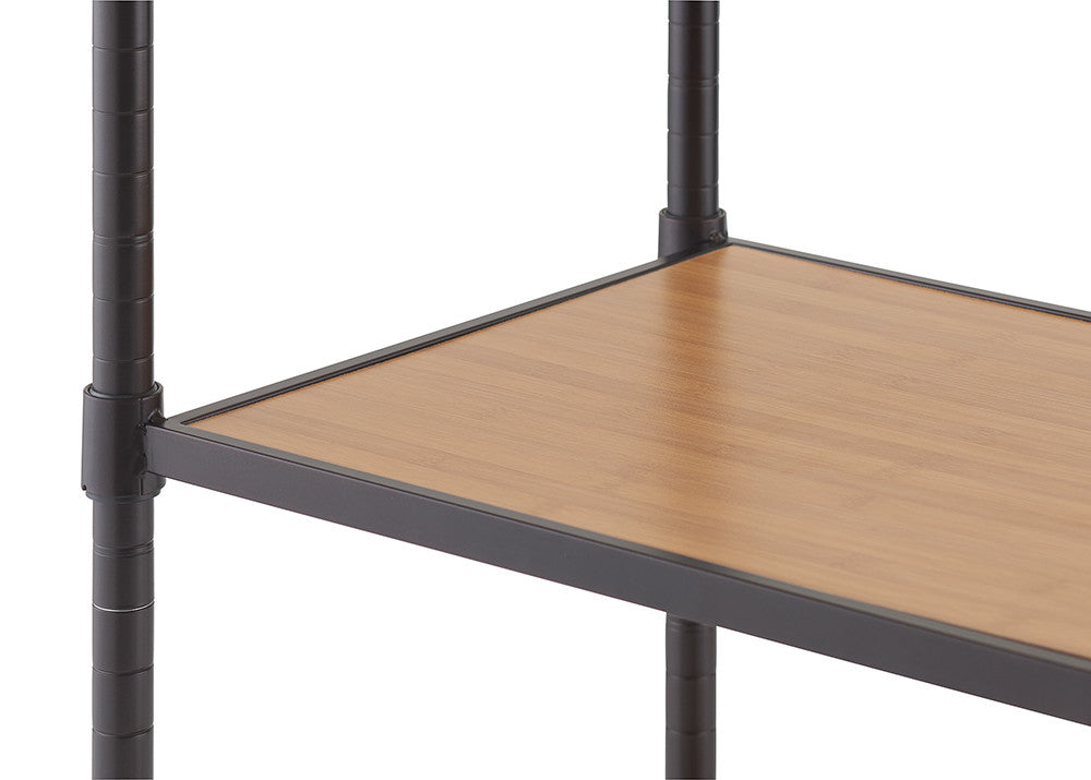 A close-up image of a shelving unit shows a sturdy black metal frame with a wooden shelf insert that has a smooth, light brown finish. The metal frame has grooved poles, allowing for adjustable shelf positioning.