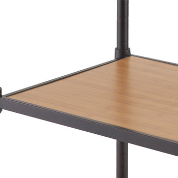 A close-up image of a shelving unit shows a sturdy black metal frame with a wooden shelf insert that has a smooth, light brown finish. The metal frame has grooved poles, allowing for adjustable shelf positioning.