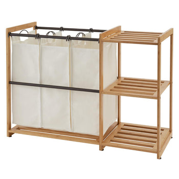 A laundry station made with bamboo frames that comes with 3 shelves, 3 laundry bags, and bronze metal rods.