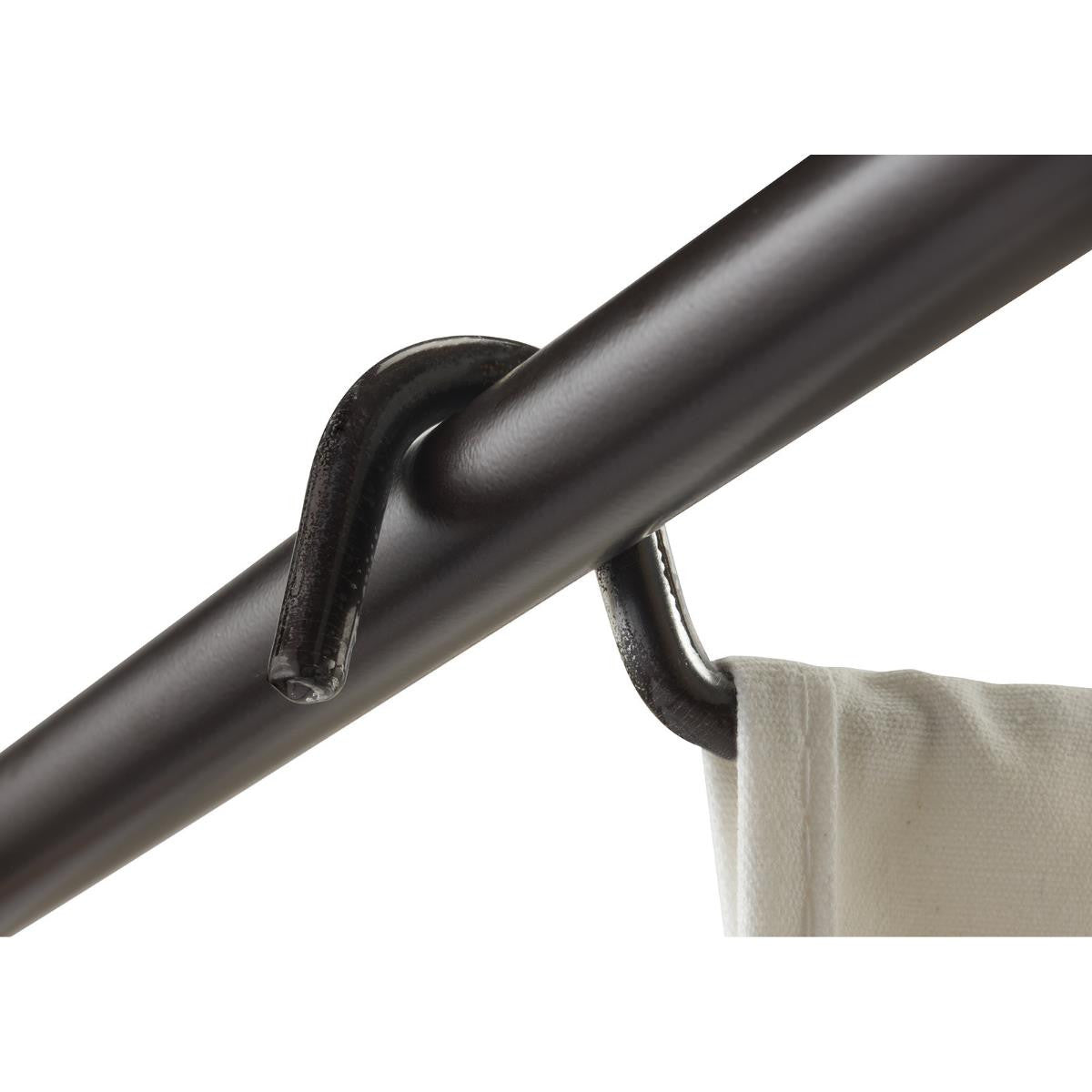 A close-up shot shows a dark brown curtain rod with a black, "S"-shaped hook attached to it. The hook holds a cream-colored curtain, partially visible at the bottom right.