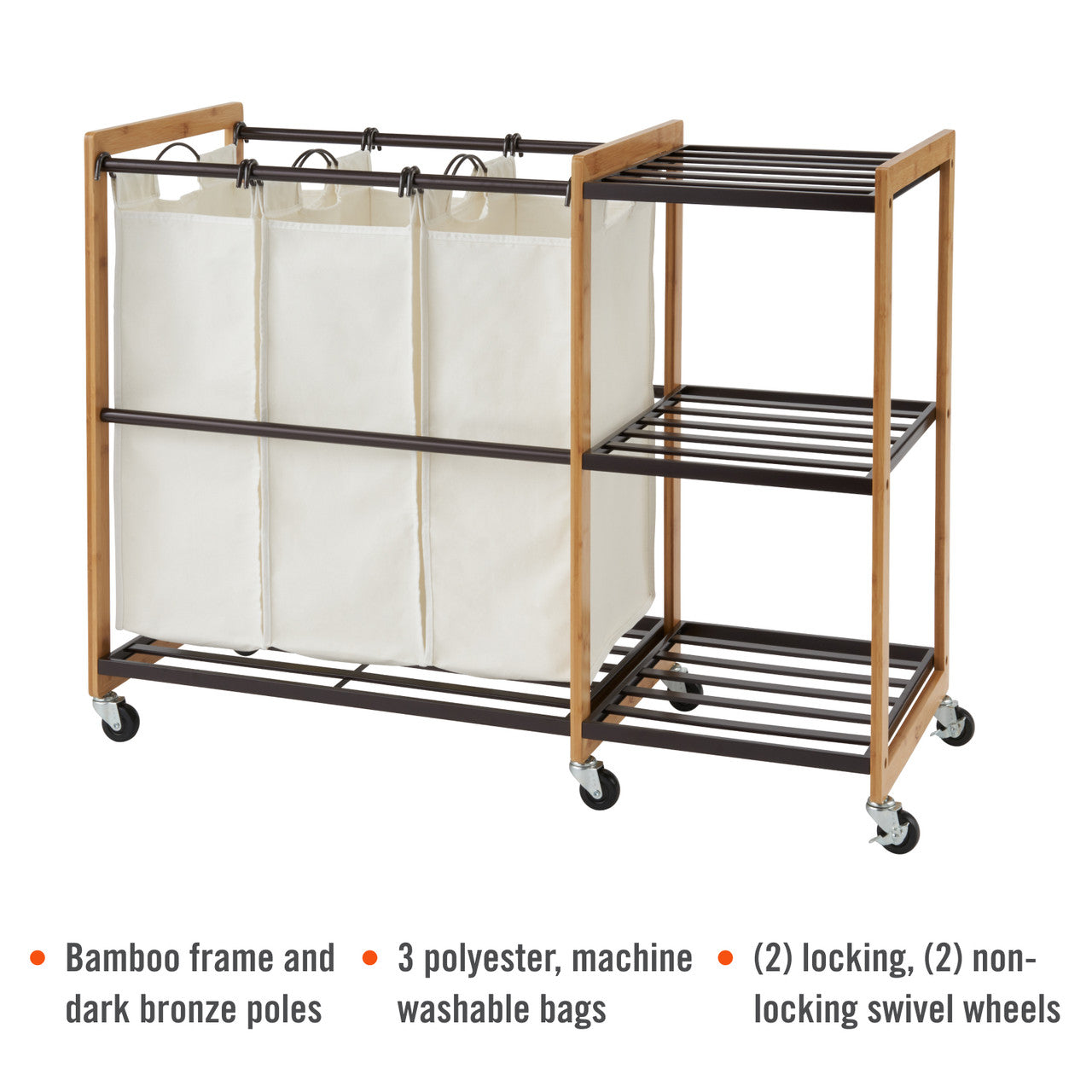 A Trinity 3-Bag Bamboo Laundry Station with Wheels is shown, featuring a bamboo frame, dark bronze poles, and three cream-colored polyester laundry bags. The right side of the station has two shelves, and the entire unit is on four swivel wheels, two of which are locking.