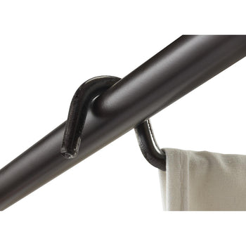 A close-up shot shows a silver U-shaped hook hanging from a horizontal chrome rod. The bottom curve of the hook is attached to a white fabric.